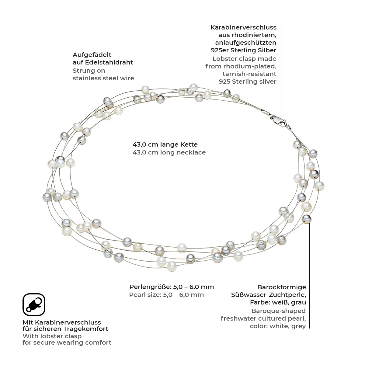 Kette Sterling Silber Süßwasser-Zuchtperle weiß grau