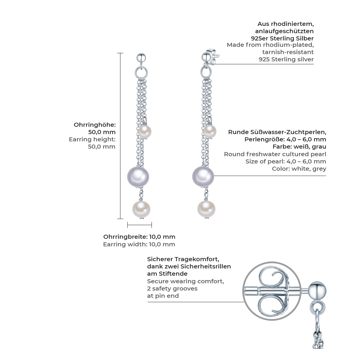 Ohrhänger Sterling Silber Süßwasser-Zuchtperle weiß grau