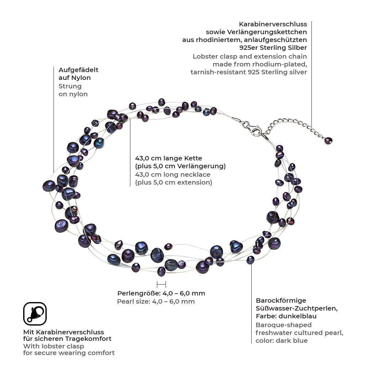 Kette Sterling Silber Süßwasser-Zuchtperle dunkelblau