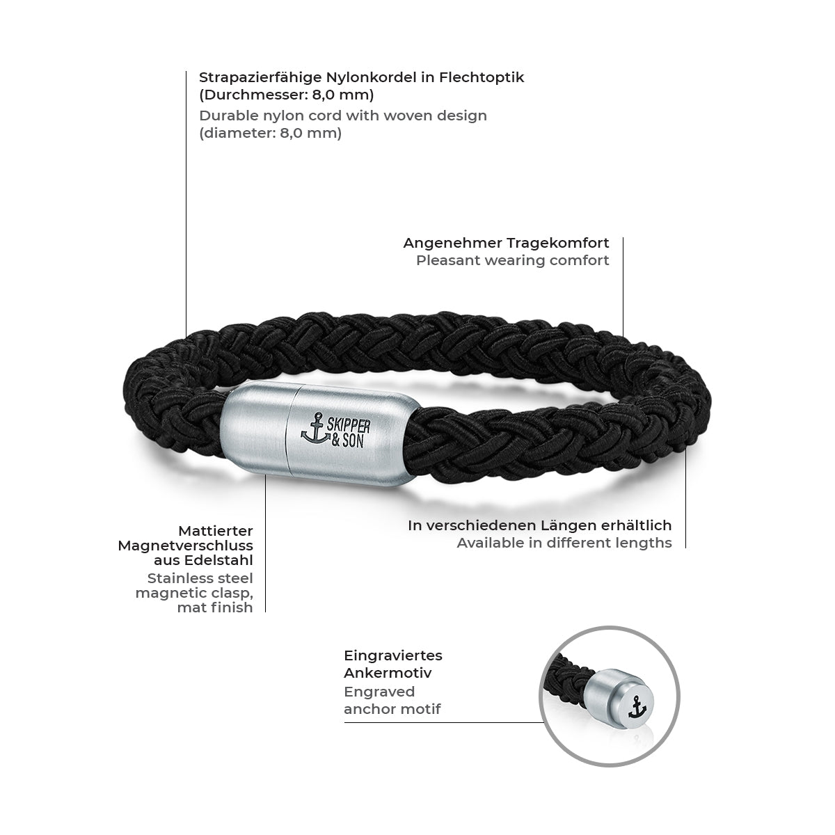 Armband Nylonkordel silber/schwarz Edelstahl