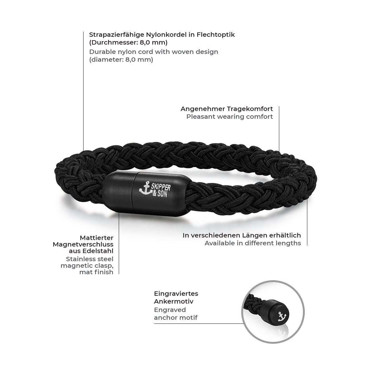 Armband Nylonkordel schwarz/schwarz Edelstahl