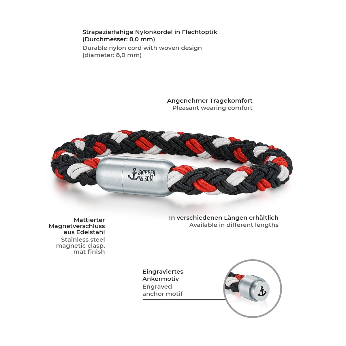 Armband Nylonkordel silber/rot Edelstahl